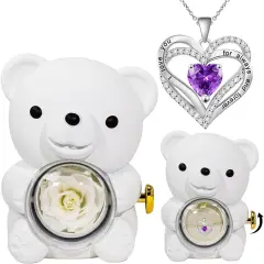 Preserved White Real Rose & White Bear Box