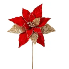 24" Red and Gold Velvet Poinsettia Stem with Glitter &ndash; Festive Christmas Decoration
