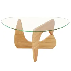 Natural Glass Coffee Table with Adjustable Wood Base, Modern Triangle