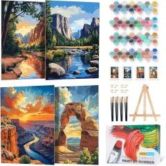 4 Pack Framed Paint by Numbers Kit,Home Wall Decor Gift 8x12 inch