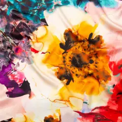 1 Yard Teal, Red, Purple and Mustard Abstract Floral Silk Charmeuse Fabric 55 inch Width