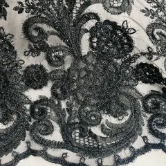 1 Yard Black Beaded Corded Lace Fabric for Couture Bridal Gowns Dance Dresses 56" Width