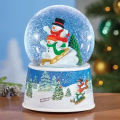 Collections Etc Hand-Painted Sledding Snowmen Snow Globe Decoration