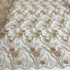 1 Yard Beaded Lace Fabric Embroidered on 100% Polyester Net Mesh 50" Width Rose Gold