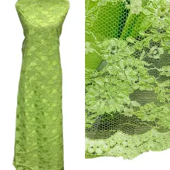 1 Yard Corded Bridal Lace Fabric Embroidered on Net Mesh 54" Width Lime Green Color
