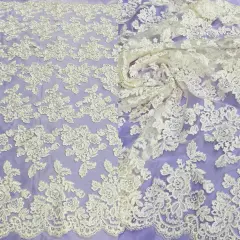 1 Yard Corded Bridal Lace Fabric Embroidered Elegant Mesh Dress 51" Width Ivor