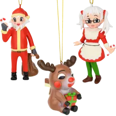 Anime Tree Buddees Christmas Ornament Collection 3 Pack - Santa, Mrs. Claus & Reindeer Cartoon Character Holiday Decor