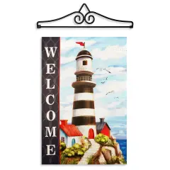 G128 Combo Pack Garden Flag Hanger 14IN & Garden Flag Welcome Lighthouse Beach Printed 12x18IN Double Sided