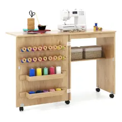 Space-Saving Folding Sewing Table Rolling Craft Station with Storage Pegs and Compartments Natural