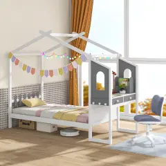 House Shaped Bed Frame with 2 Drawers, 1 Storage Box and 3 hooks for Kids