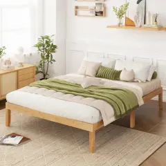 Queen Size Platform Bed Frame with Slats Support and Rubber Wood Legs Natural