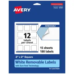 Avery Matte White Removable Square Labels with Sure Feed Technology, Print-to-the-Edge, 2" x 2"