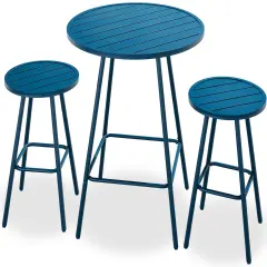 Best Choice Products 3-Piece Steel Patio Bar Height Round Bistro Set w/ Backless Stools, Slatted Design Peacock Blue