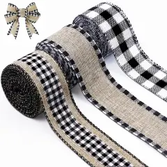 3 Rolls Christmas Buffalo Plaid Ribbon Wired Edge 9.9 Yard Plaid Burlap Ribbon Christmas Checked Burlap Ribbon for Christmas Tree Wrapping Crafts Decoration 1.5 inch Width(Black and White)