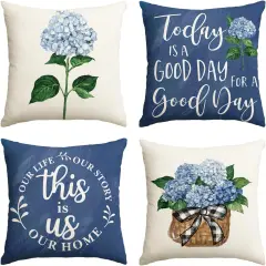 Blue Hydrangea Spring Summer Throw Pillow Covers, 18 x 18 Inch Today is A Good Day Dark Blue Cushion Case Decoration for Sofa Couch Set of 4
