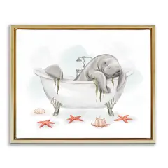 Stupell Industries Manatee Sea Life in Bathtub Framed Floater Canvas Wall Art Gold Floater Frame