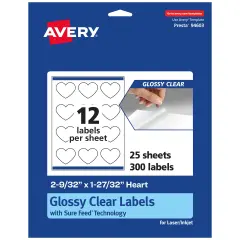 Avery Glossy Clear Heart Labels with Sure Feed, 2-9/32" x 1-27/32"