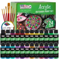 Professional 24 Color Outdoor Acrylic Paint Set, 2oz Bottles, with 7 Brush Kit - Vivid Colors for Painting Canvas, Rocks, Wood Crafts, Toys