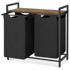 Rustic Brown and Black Particleboard and Steel Laundry Sorter with Oxford Fabric Pockets