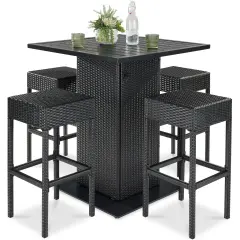 Best Choice Products 5-Piece Patio Wicker Bar Set w/ Built-In Bottle Opener, Hidden Storage Shelf, 4 Stools Black