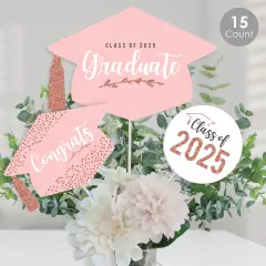 Big Dot of Happiness Rose Gold Grad - 2025 Graduation Party Centerpiece Sticks - Table Toppers - Set of 15