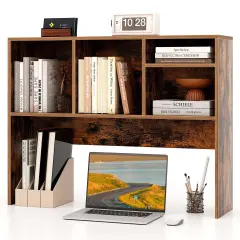 Costway Computer Desktop Bookcase Countertop Storage Bookshelf Organizer with 4 Cubbies Natural/White