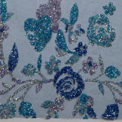 1 Yard Tulle Lace Fabric with Multicolor Glitter Floral Design, 58&Prime; Wide Navy