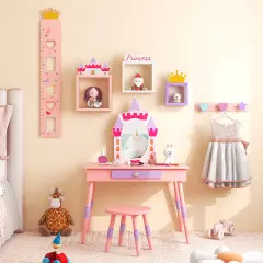 Costway Kids Vanity Set Princess Makeup Pretend Play Dressing Mirror Castle Girls Pink
