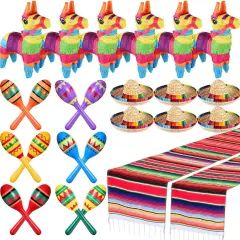6 Pcs Mexican Decor Fiesta Decorations Include 6 Donkey Pinatas 12 Large Fiesta Maracas 2 Mexican Serape Table Runners 6 Mexican Sombrero Hats for Mexican Decorations Favors(Boho)