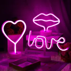 3 Pcs Summer Love Neon Signs - Heart, Lips & Love Shaped LED Lights for Tabletop or Wall Decor, USB or Battery Powered (Pink)