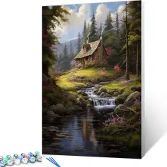 Paint by Numbers Cabin in the Forest DIY Painting On Canvas, Paintwork with Paintbrushes Acrylic Paints,Perfect for Paint by Numbers for Adults and Kids Students Beginner Without Framed 16''x20''