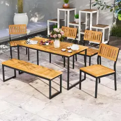 Costway 6 PCS Outdoor Acacia Wood Dining Set with Bench and 2" Umbrella Hole Outdoor Patio