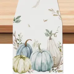 Fall Pumpkins Eucalyptus Leaves Table Runner, 13x72 Inch Thanksgiving Table Runner