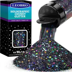 Black Glitter, Holographic Chunky Glitter, 160G/5.64OZ Glitter, Craft Glitter for Resin, Metallic Iridescent Chunky Fine Glitter Flake Bulk, Glitter for Nail Body, DIY Halloween Decorations