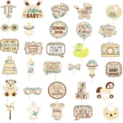 31pcs with Sticks Wood Grain Sage Green Boho Neutrals Baby Selfie Props