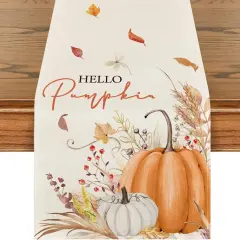 Hello Pumpkin Flowers Leaves Thanksgiving Table Runner, 13 x 72 Inch