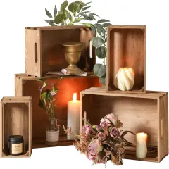 Set of 5 Vintage Rustic Decorative Nesting Wooden Crates Storage with Open Handles