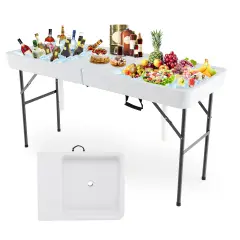 White Folding Ice Cooler Table with Double Sinks and H-Shaped Metal Frame Ideal for Picnic or Wedding