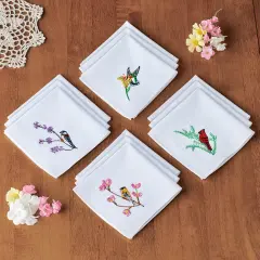 Collections Etc Multi Bird Embroidered Handkerchiefs - Set of 12