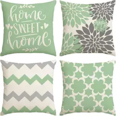 Set of 4 Geometric Floral Throw Pillow Covers 18 x 18 inch Spring Summer Farmhouse Cushion Covers for Home D&eacute;cor (Sage Green)