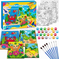 4 Pack Paint by Numbers for Kids, Pre-Drawn Canvas Painting Kit, Includes 12 Paints and 8 Brushes, DIY Painting for Classroom Games Home Wall Decor, Kids' Paint by Number Kits