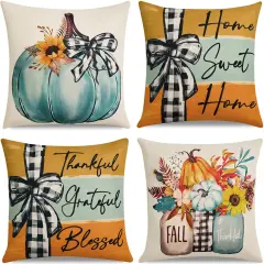 Fall Decorations for Home-Throw Pillow Covers 18x18 in Set of 4,Pumpkin Linen Pillow Case for Thanksgiving Couch Autumn Holiday Outdoor Burnt Orange Blue White Decor