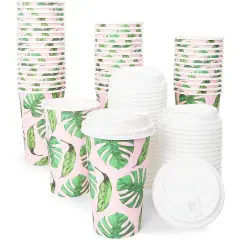 48 Pack Disposable 16oz Coffee Cups with Lids, Paper To Go Coffee Cups for Themed Birthday Party, Wedding, Baby Shower (Tropical) Green