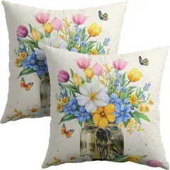 Spring Floral Butterflies Throw Pillow Covers 18X18 Inches Set of 2 Multi Colored Flowers Mason Jar Pillowcase Soft Cotton Linen Square Spring Cushion Covers for Home Sofa Patio Bedroom