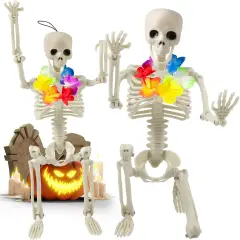 2 Pack Skeleton Decor With Wreathes, 16" Posable Plastic Mini Skeletons