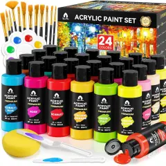 40 Pcs Acrylic Paint Set with 12 Brushes, 2 Knives & Palette - 24 Colors (2oz/60ml) for Adults, Kids, Artists & Beginners - Easter Basket Stuffers, Rock & Egg Painting Kit