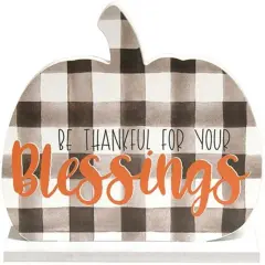 Wooden Pumpkin Sitter with Buffalo Check and Thankful Message