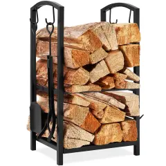 Best Choice Products 5-Piece Firewood Log Rack Holder Tools Set for Fireplace w/ Hook, Broom, Shovel, Tongs Black