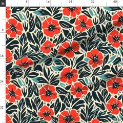 Various Fabrics by the Yard or Fat Quarter Bold Floral Retro Flowers Playful Botanical Garden Large Scale Dark Leaves Linocut Hand Drawn Vintage Poppies Poppy Red Green Blue Custom Printed Fabric by Spoonflower