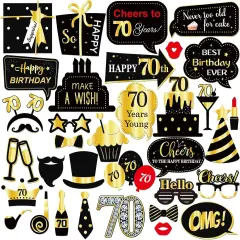 70th Birthday Photo Booth Props, Women Men 70th Birthday Photoshoot Funny Birthday Party Photography Props Favor 70 Years Old Centerpiece Sticks Decorations Black & Gold 35 PCS